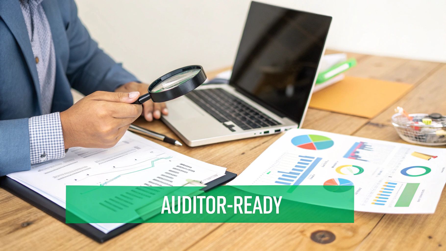 A person sitting at a desk and reviewing a security report on a laptop