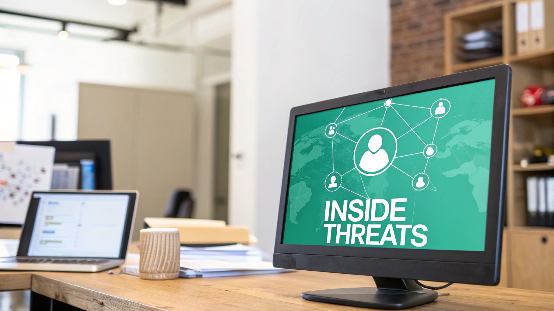 Computer monitor displaying inside threats cybersecurity concept with network connections on office desk