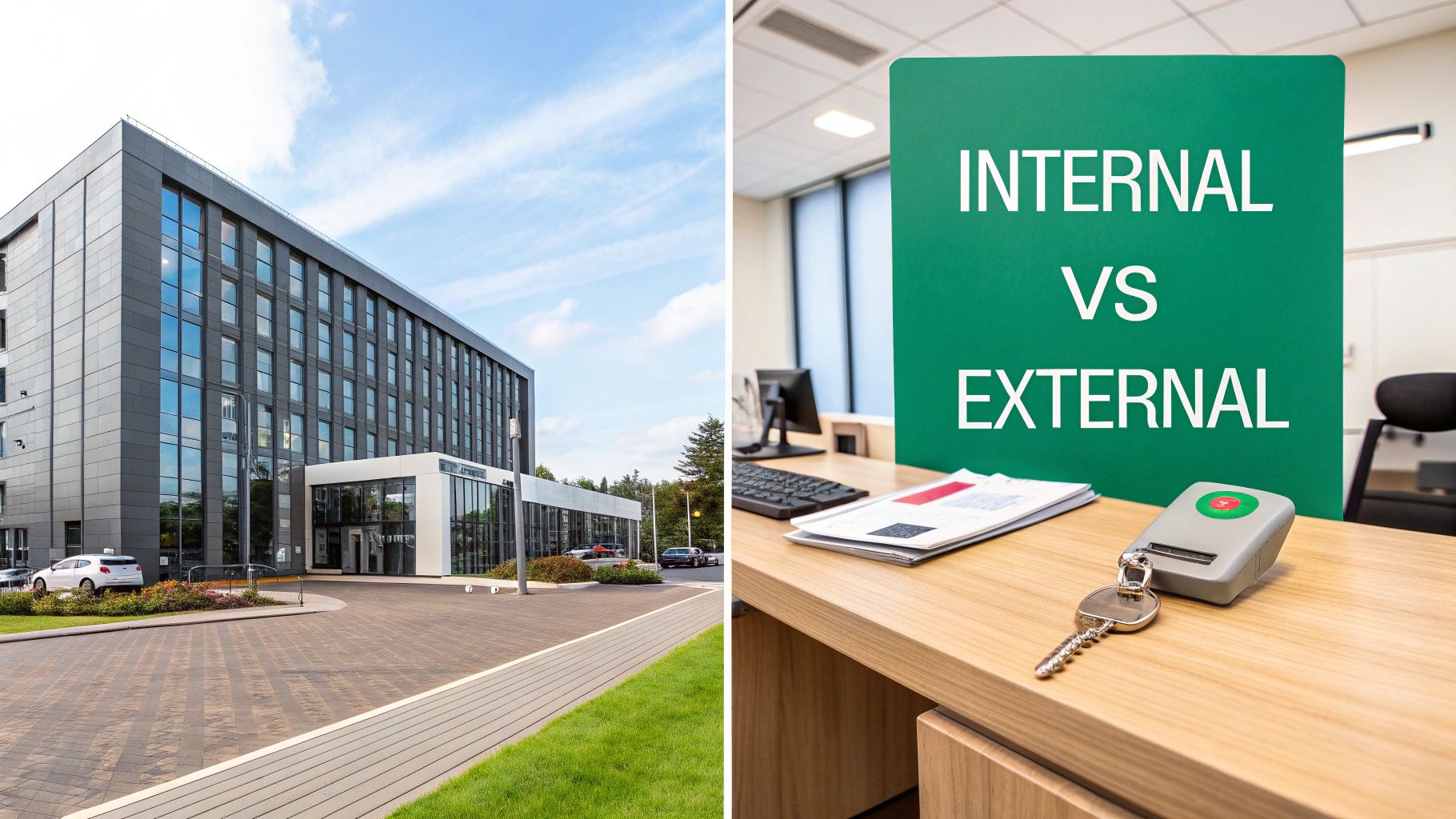 Modern office building exterior and interior desk showing internal versus external security testing comparison