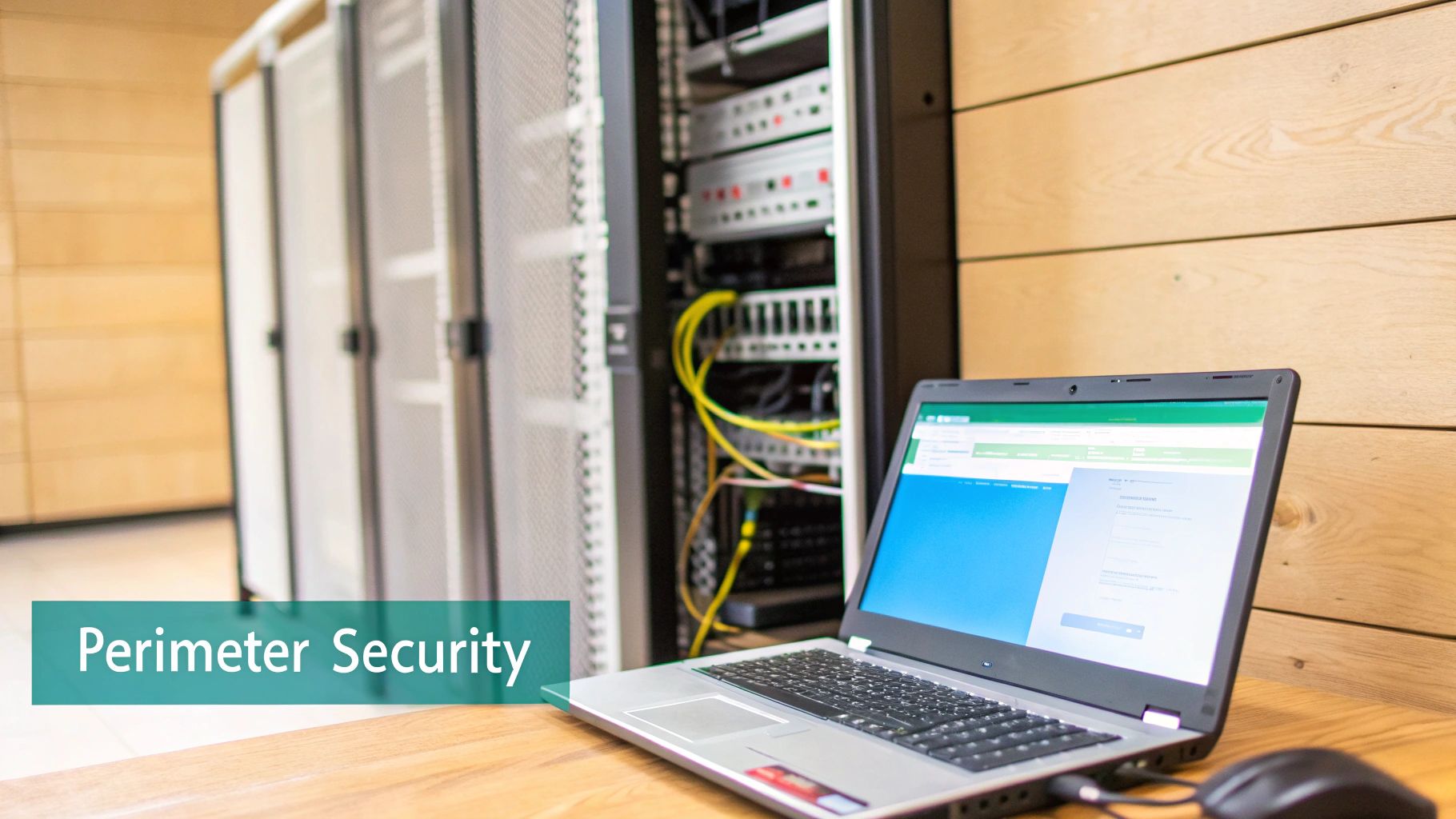 Laptop displaying security software interface next to server rack equipment for perimeter security testing