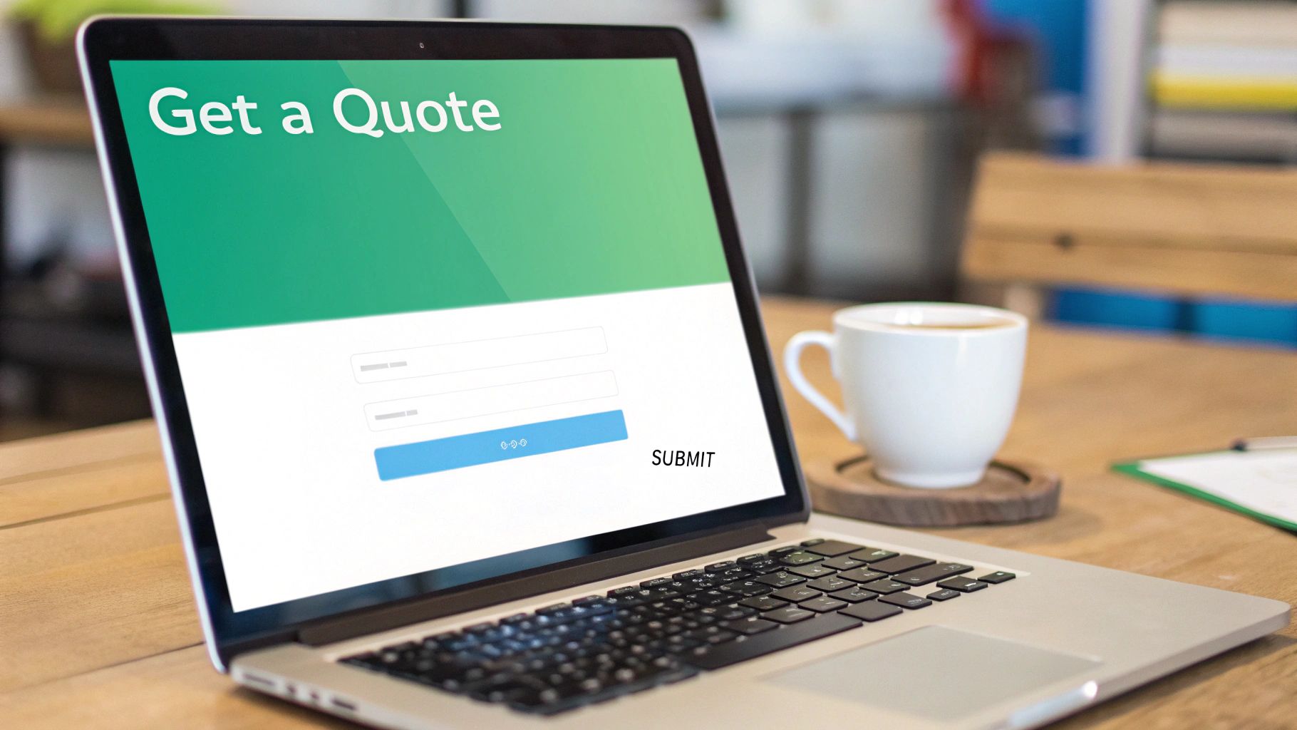 Laptop displaying get a quote form with submit button on wooden desk with coffee