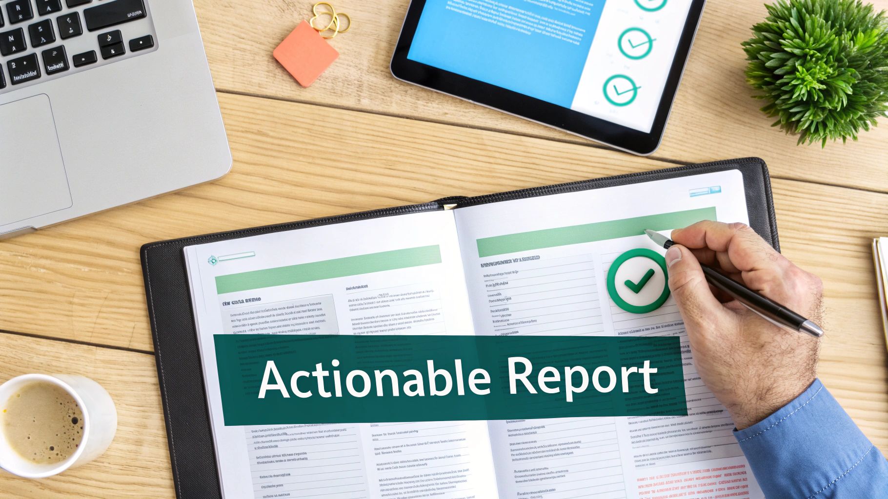 Professional reviewing actionable security report document with green checkmark on office desk with laptop and tablet