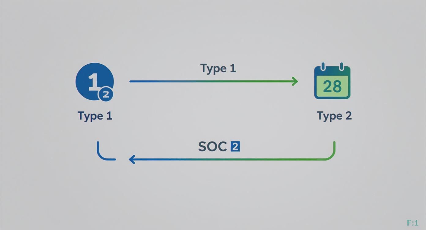 Diagram illustrating Type 1 leading to Type 2, with SOC 2 showing a return flow.