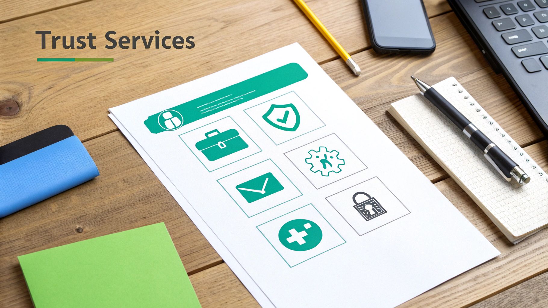 Trust Services document on a wooden desk with various office supplies, including a laptop, phone, and pen.