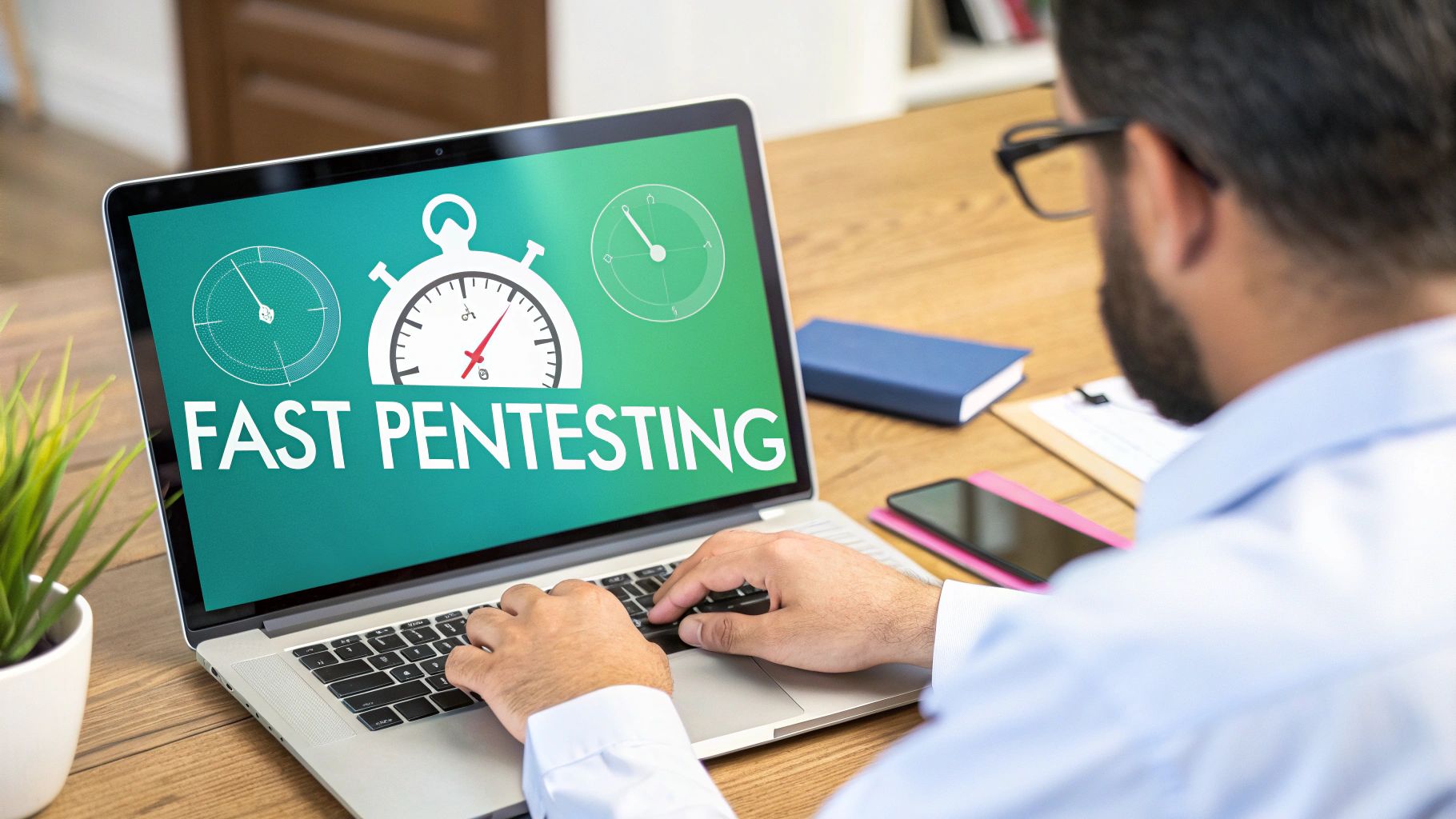 Man with glasses typing on a laptop with 'FAST PENTESTING' on screen, emphasizing quick cybersecurity.