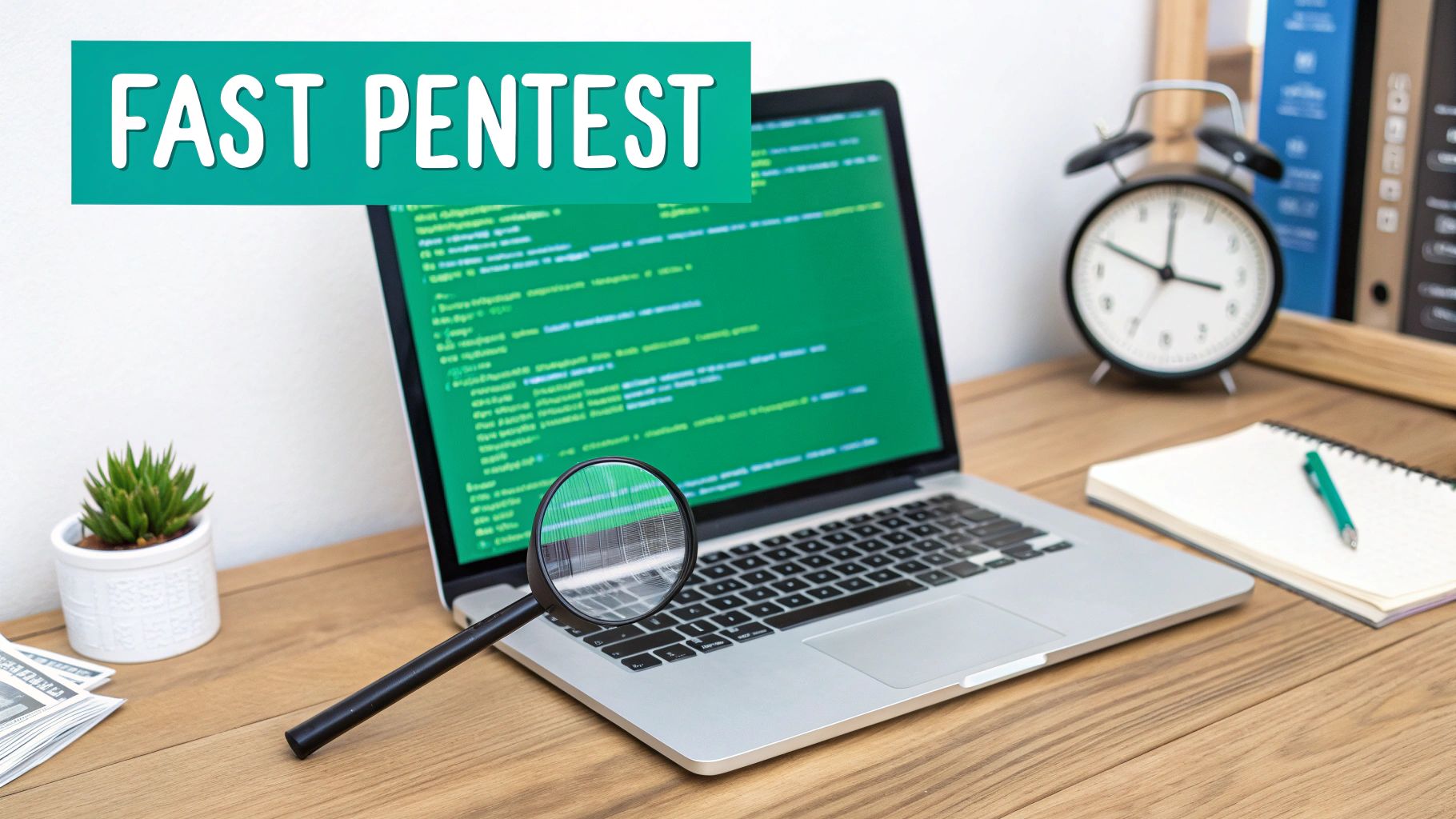 A desk with a laptop displaying green code, a magnifying glass, and a 'FAST PENTEST' banner.
