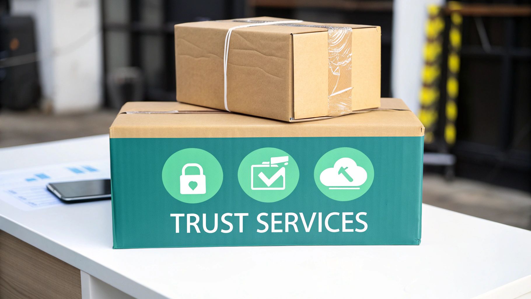 Two cardboard boxes on a white desk, with the front box labeled 'Trust Services' and showing security, verification, and cloud icons.