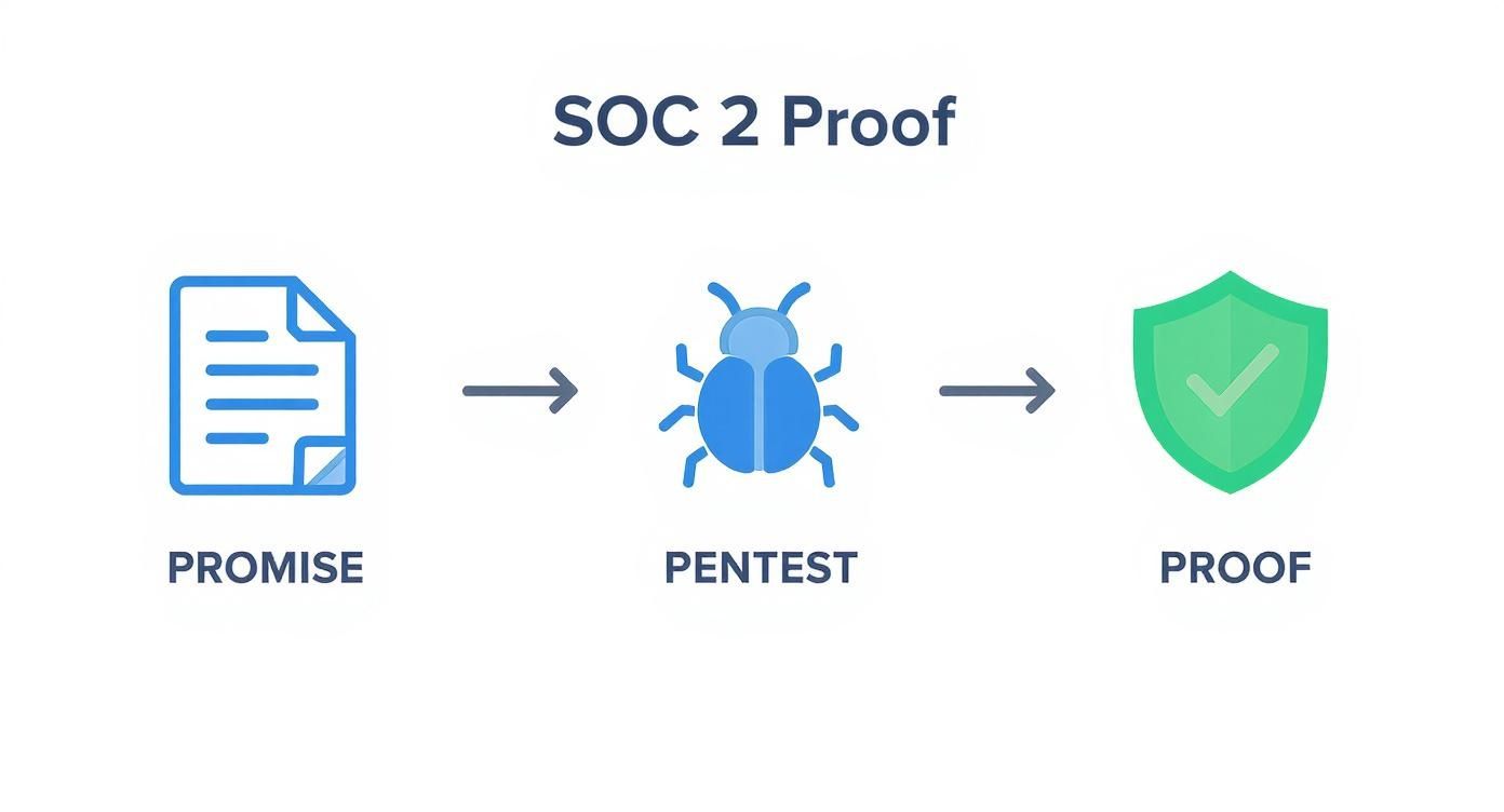 Visualizing the SOC 2 Proof process: promise represented by a document, pentest by a bug, and proof by a shield.