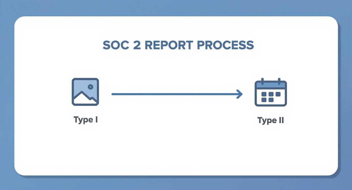 A graphic illustrating the SOC 2 report process, showing a transition from Type I to Type II.