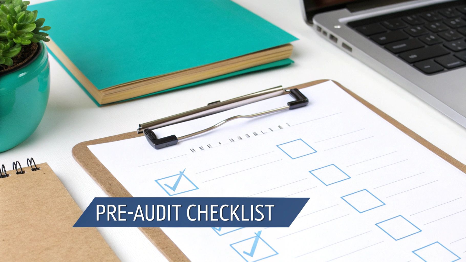 A pre-audit checklist on a clipboard, surrounded by a laptop, plant, and folder on a desk.