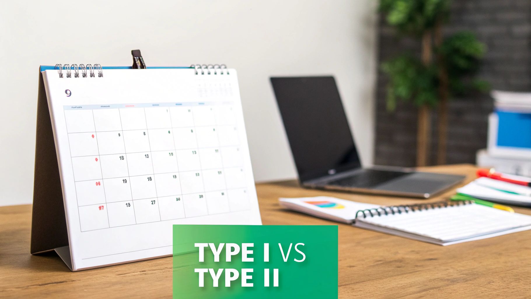 A desk with a September calendar, laptop, and notebooks, featuring 'TYPE I VS TYPE II' text overlay.