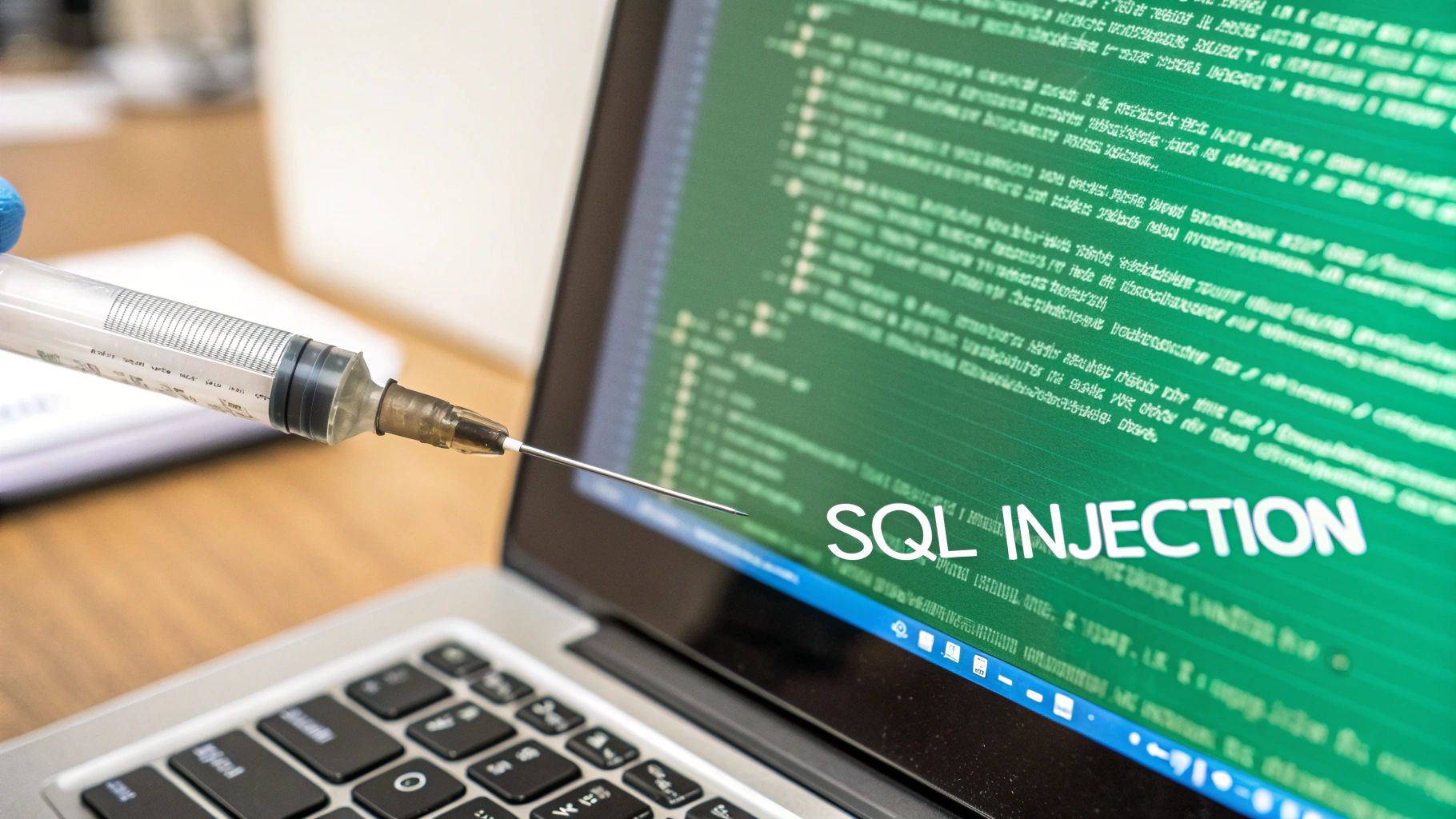 A gloved hand holds a syringe pointed at a laptop screen displaying 'SQL INJECTION' text over green code.