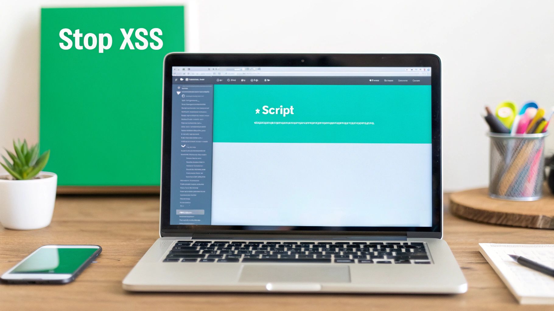 A laptop displaying 'Stop XSS' and '*Script' on a desk with a smartphone and plant.
