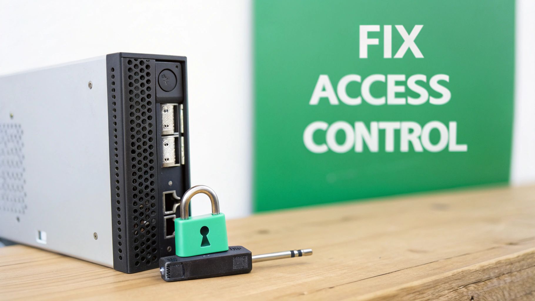 Green padlock and server device symbolize fixing web application access control security issues.