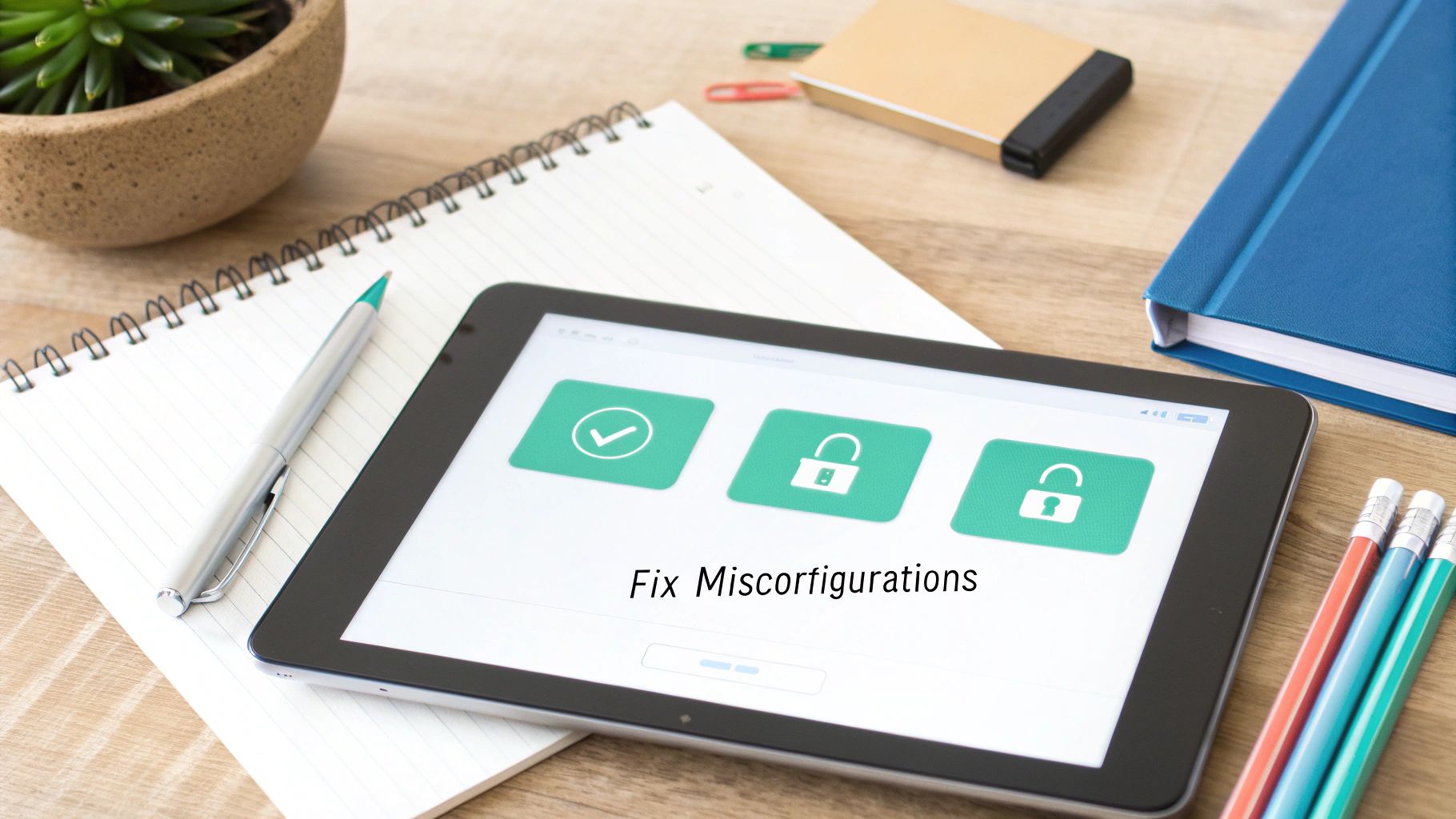 A tablet on a desk displays 'Fix Misconfigurations' with security status icons.