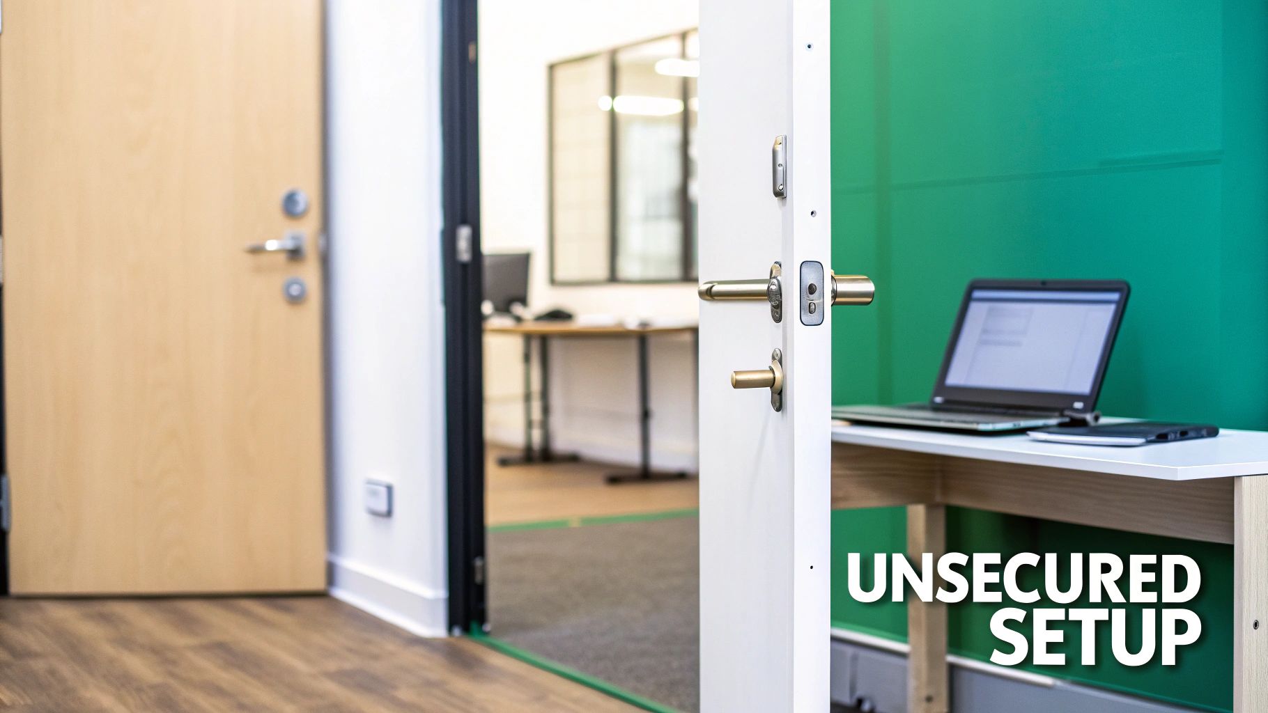 An open office door shows an unsecured setup with a laptop and tablet on a desk.