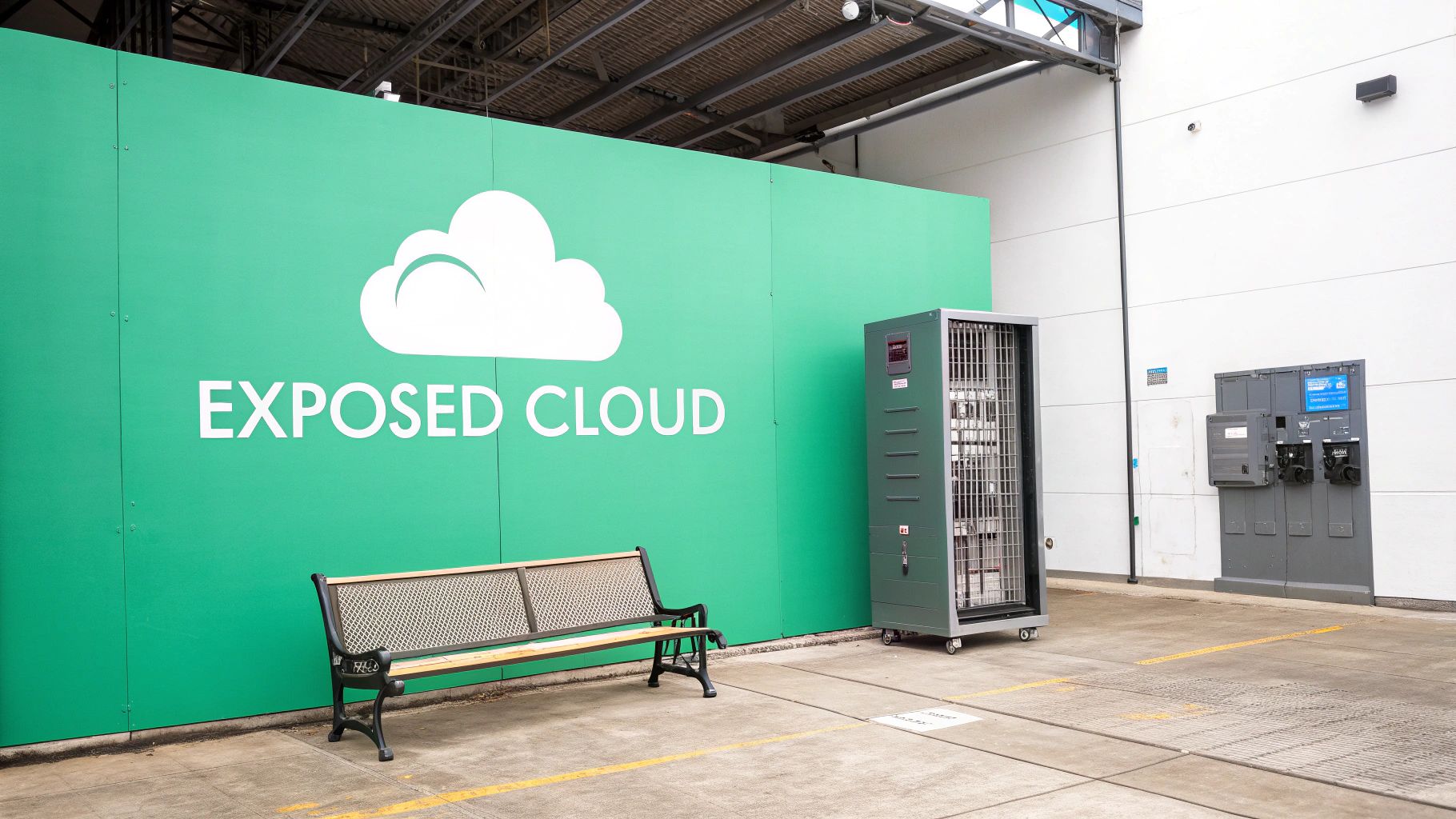 A green wall displaying 'EXPOSED CLOUD' with a white cloud icon, a bench, and an industrial server rack.
