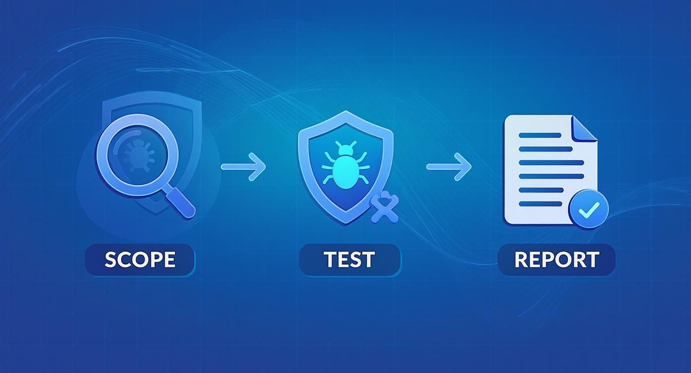 A diagram illustrating the security process: scope, test, and report, with relevant icons.