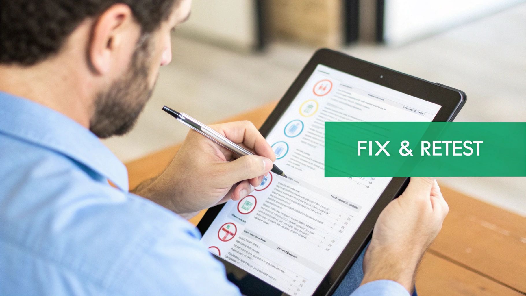 A bearded man in a blue shirt uses a stylus to review data on a tablet screen, with a "FIX & RETEST" banner.