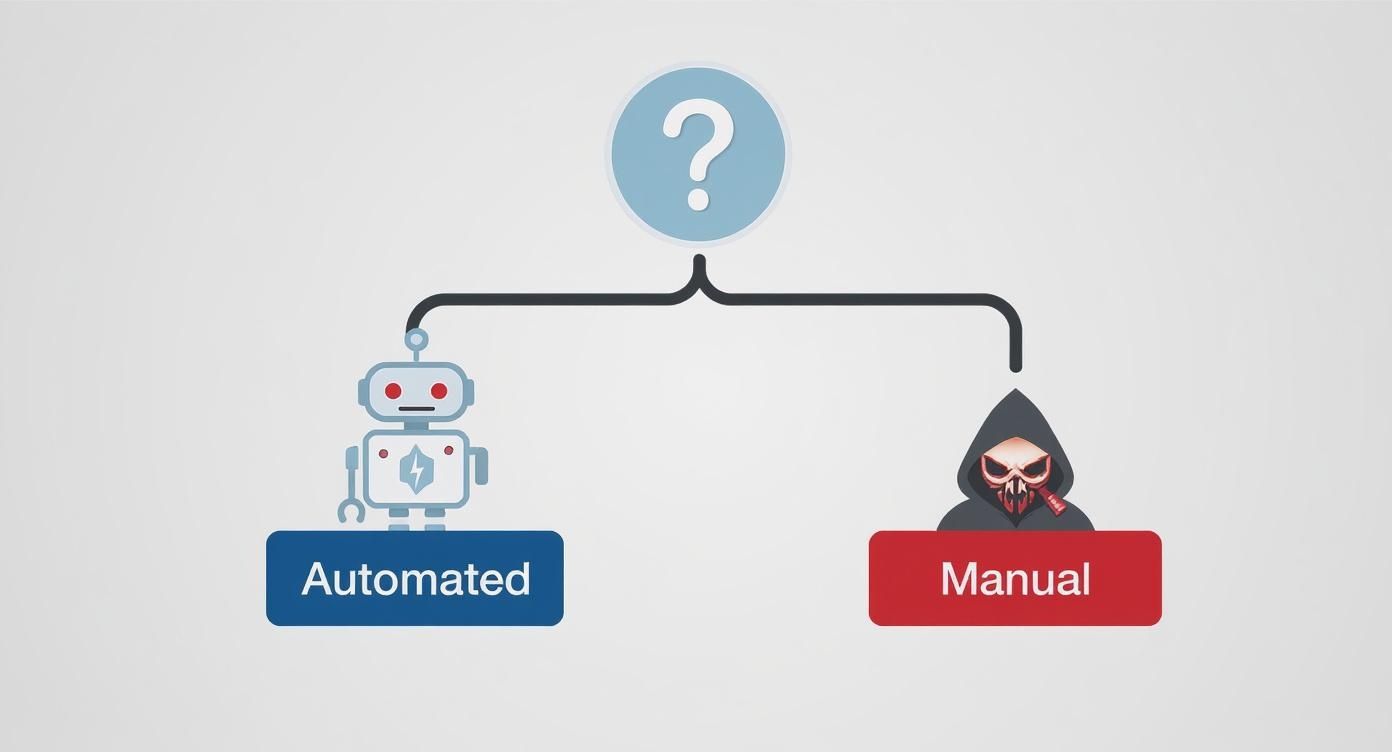 A diagram presenting a choice between an automated robot and a manual hooded figure for a task.