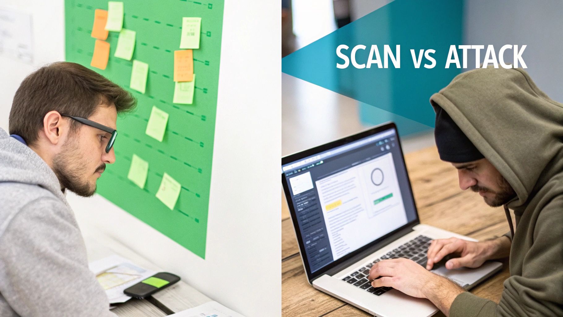 A split image showing a man reviewing notes and another man hacking on a laptop, titled 'SCAN VS ATTACK'.