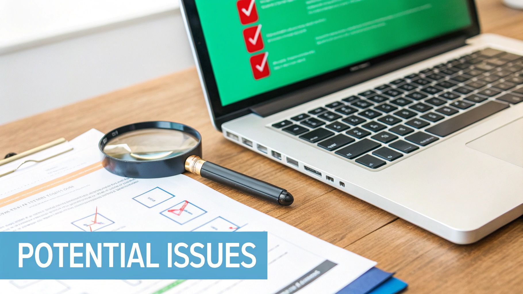 A laptop displays a checklist, while a magnifying glass rests on documents about potential issues.