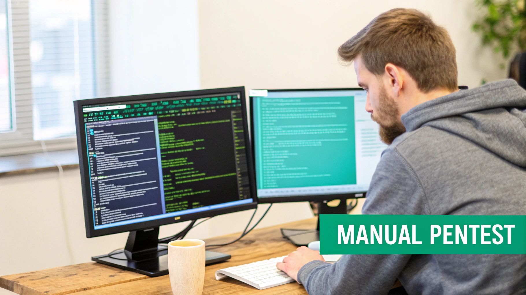 A man performs a manual penetration test on two computer screens displaying code in an office.