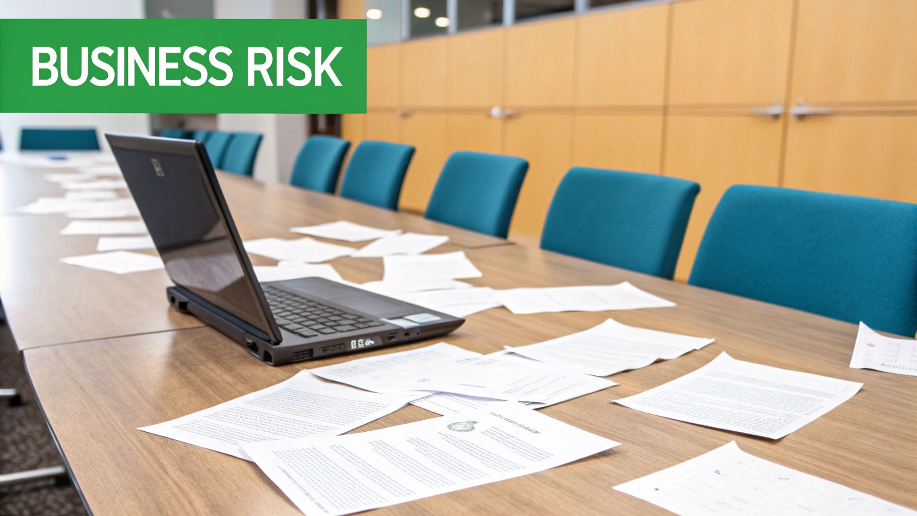 An empty conference room with a laptop, scattered papers, blue chairs, and a 'BUSINESS RISK' banner.