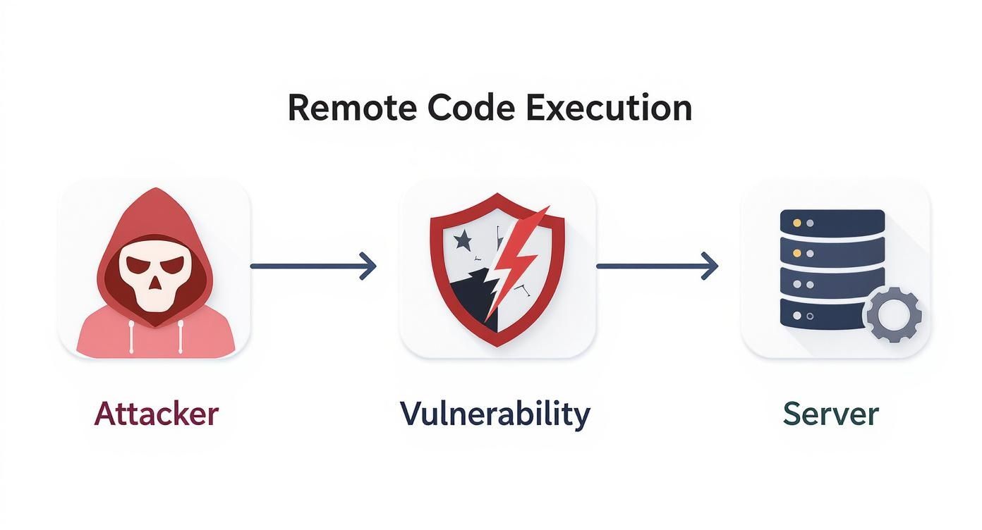 An illustration of remote code execution showing an attacker exploiting a vulnerability to compromise a server.