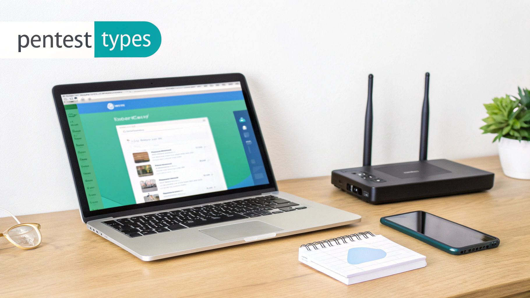 A laptop on a wooden desk showing a web application, next to a router, smartphone, and notepad, with 'pentest types' text.