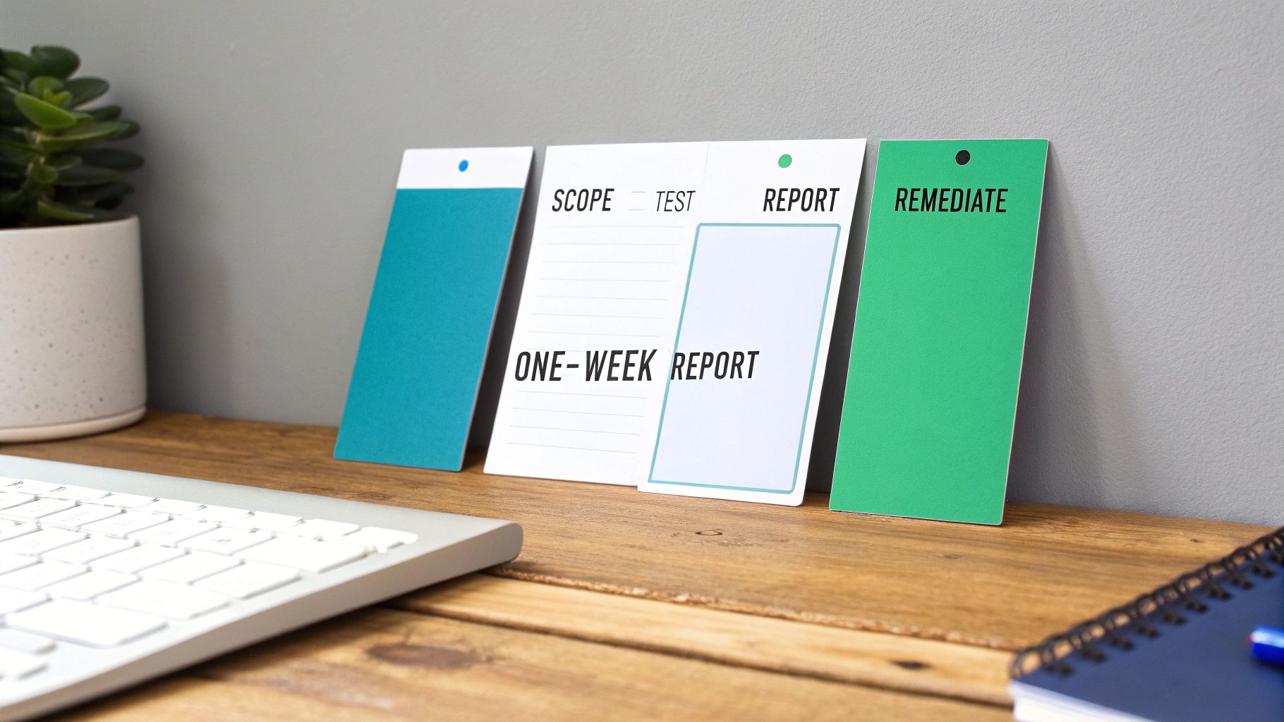 Four project management cards, with 'SCOPE', 'TEST', 'REPORT', and 'REMEDIATE', stand on a wooden desk.