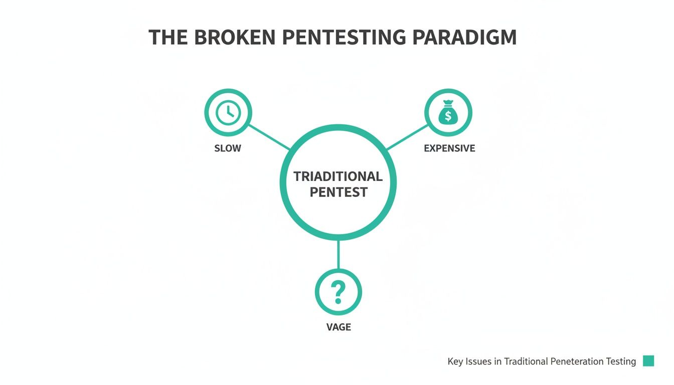 Diagram illustrating that traditional penetration testing is slow, expensive, and vague.
