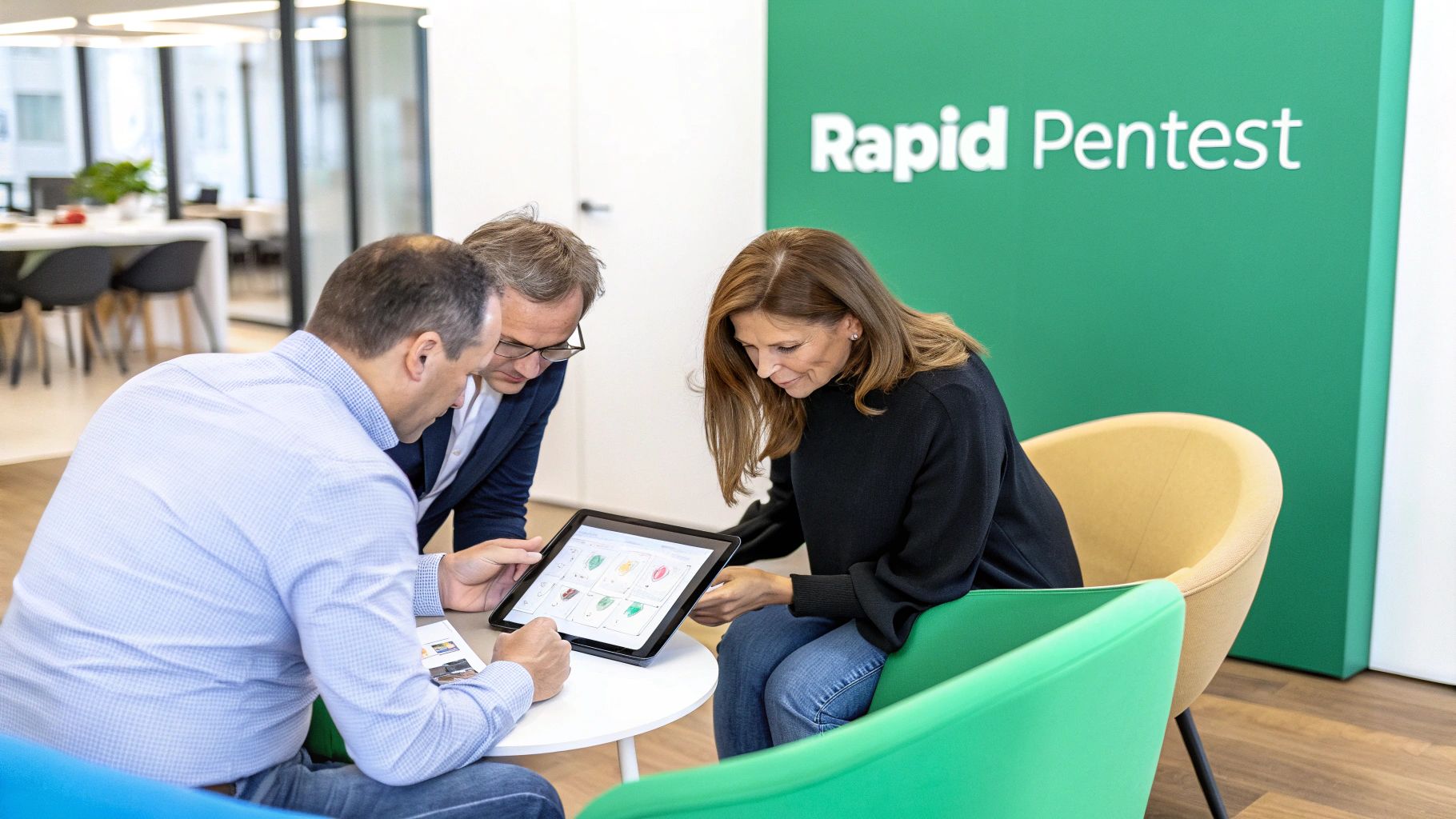 Three professionals discuss a tablet in a modern office with "Rapid Pentest" on the green wall.
