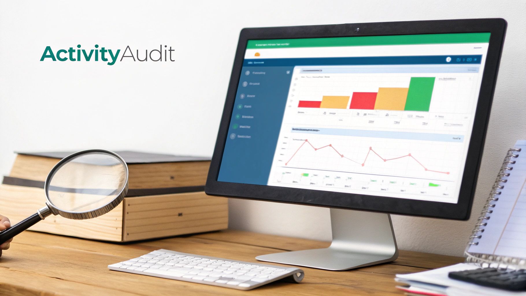 A computer monitor displays ActivityAudit software with charts, alongside a magnifying glass, books, and keyboard on a desk.