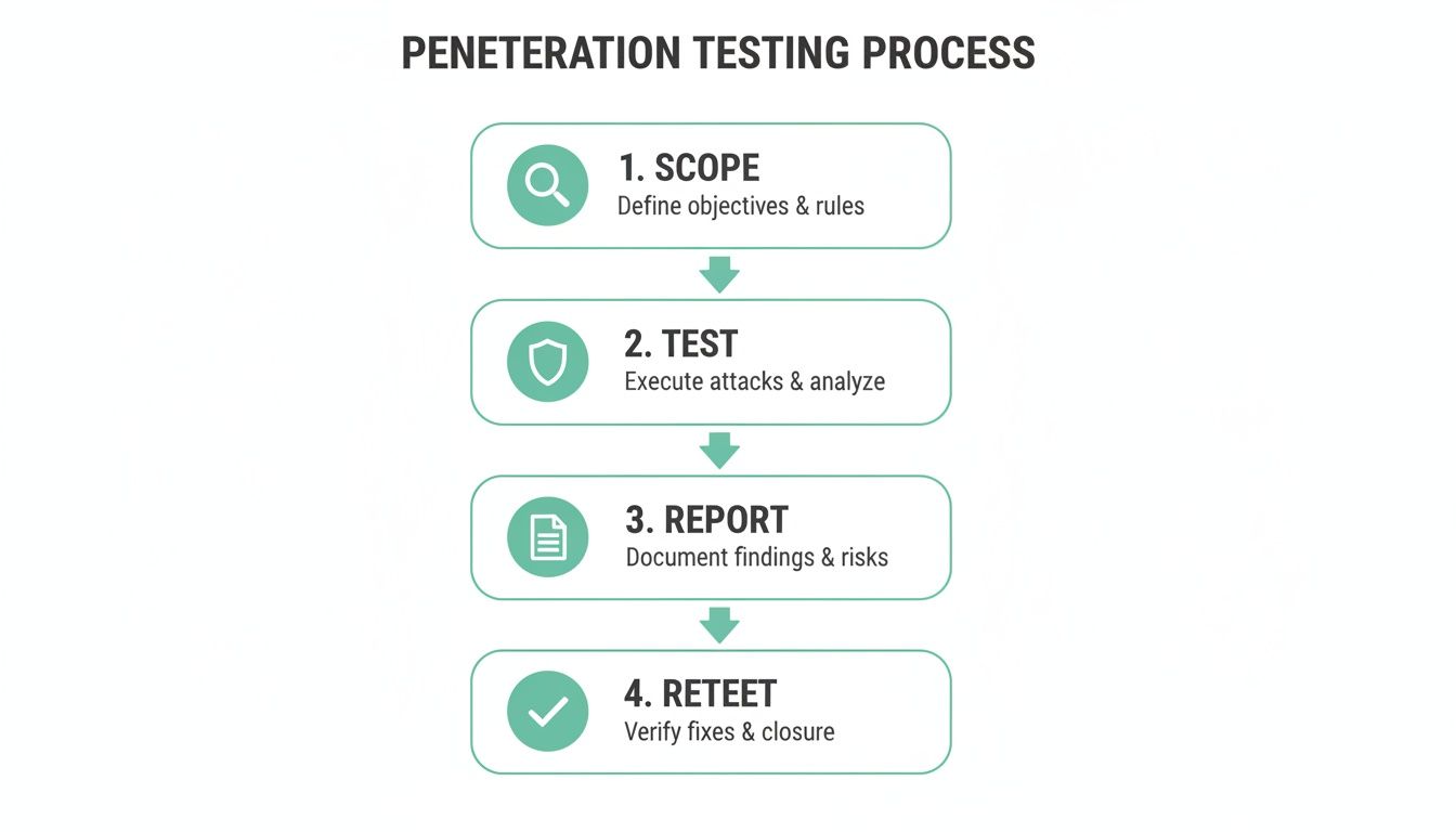 A flowchart illustrating the four-step penetration testing process: scope, test, report, and retest with icons.