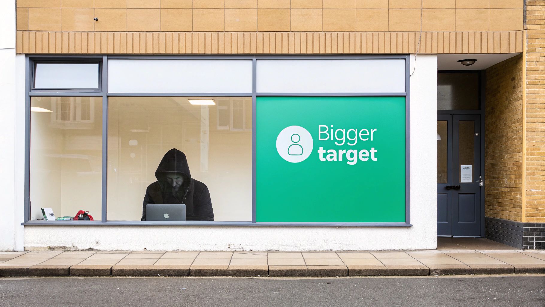 A person in a black hoodie works on a laptop behind a window next to a green 'Bigger target' sign.
