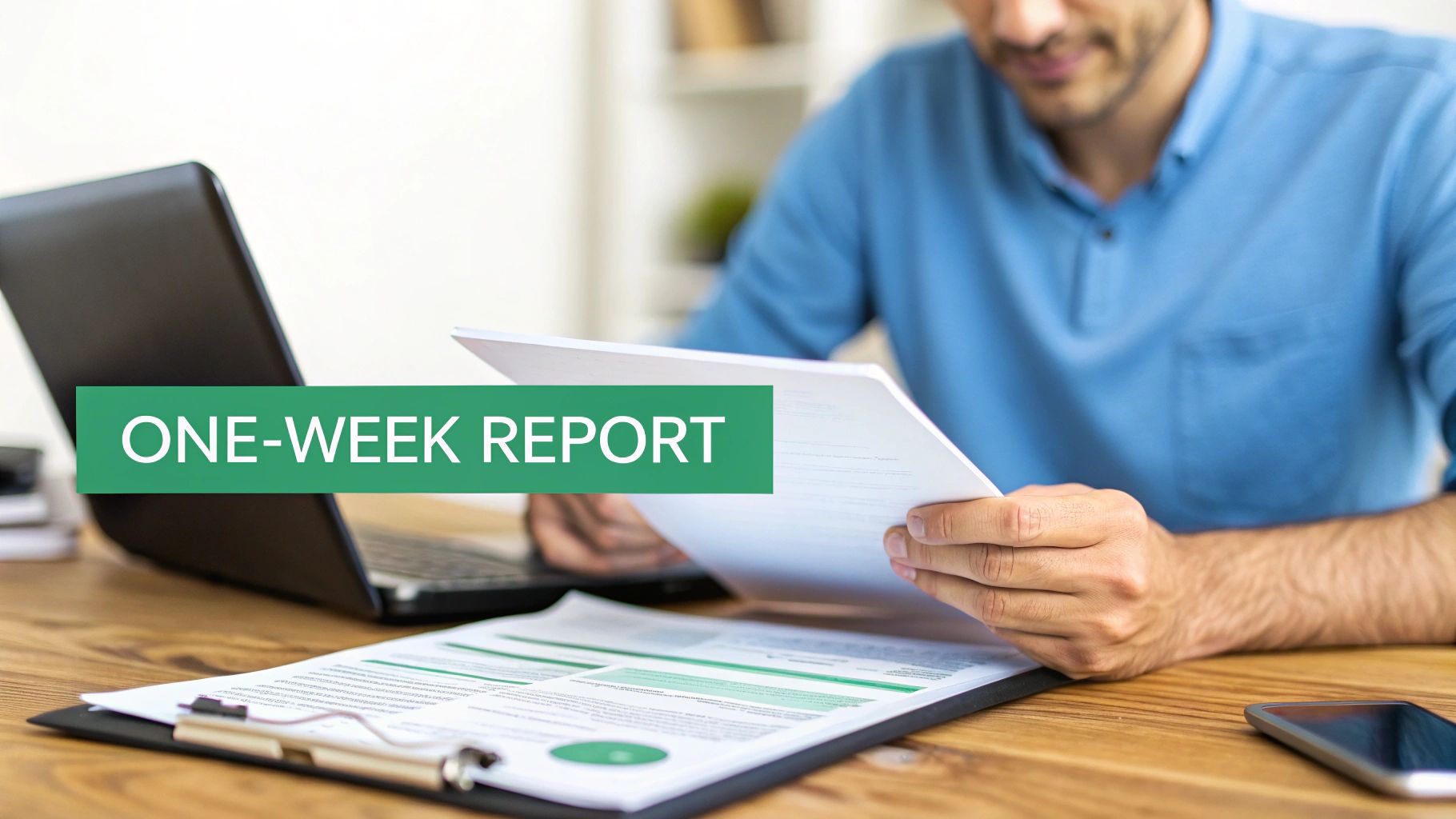 A man in a blue polo shirt reviews a one-week report document, with a laptop and papers on a desk.
