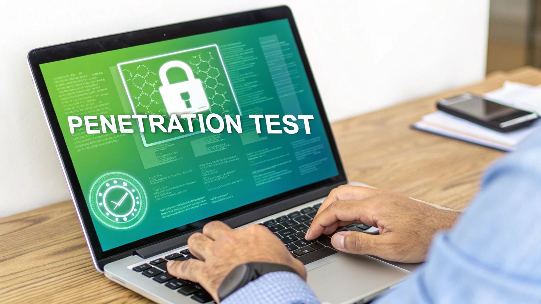Cybersecurity expert conducting a penetration test on a laptop with a digital security display.