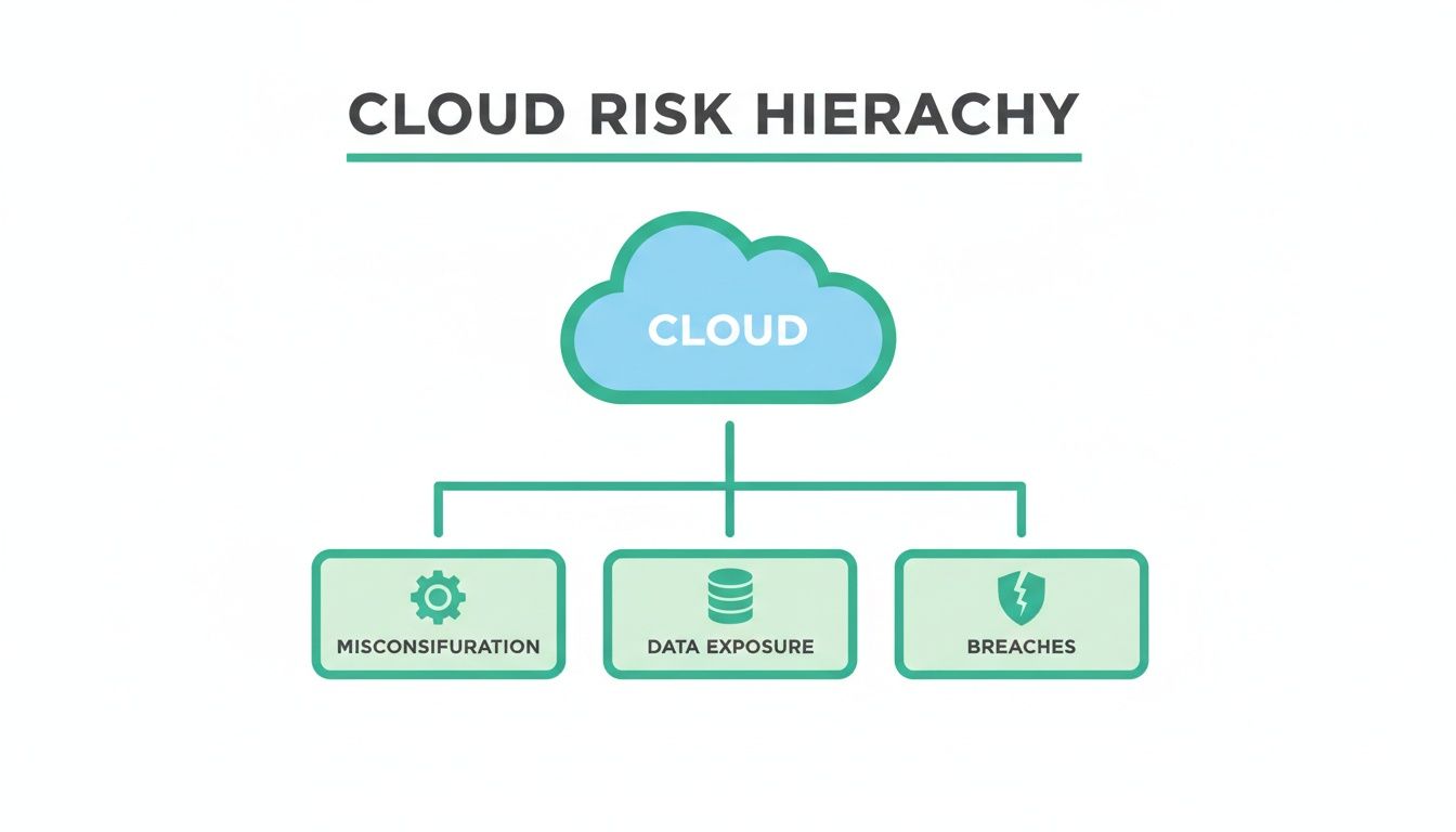 Diagram illustrating cloud risk hierarchy with misconfiguration, data exposure, and breaches as primary concerns.