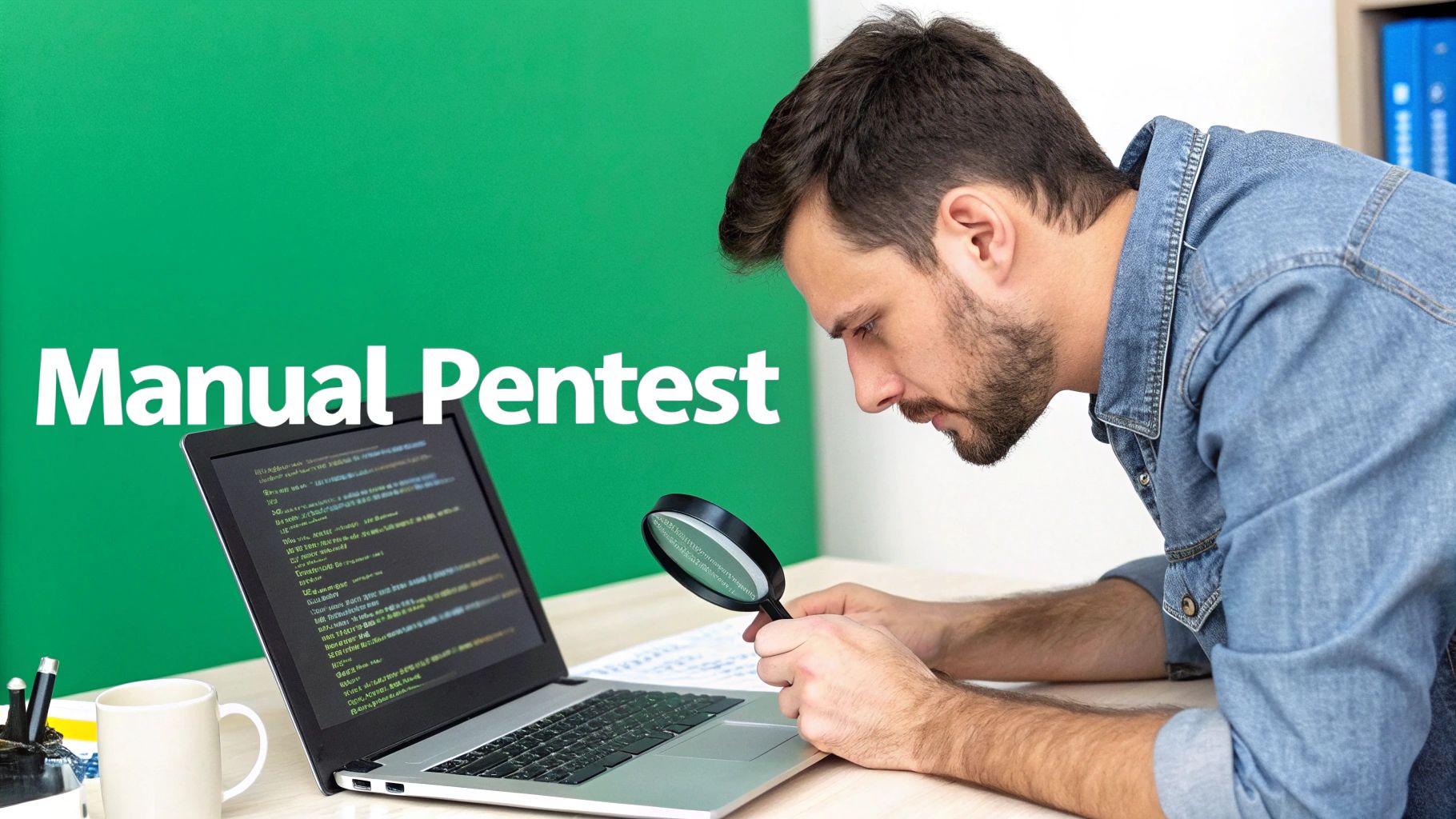 A man meticulously examining code on a laptop screen with a magnifying glass for manual pentest.