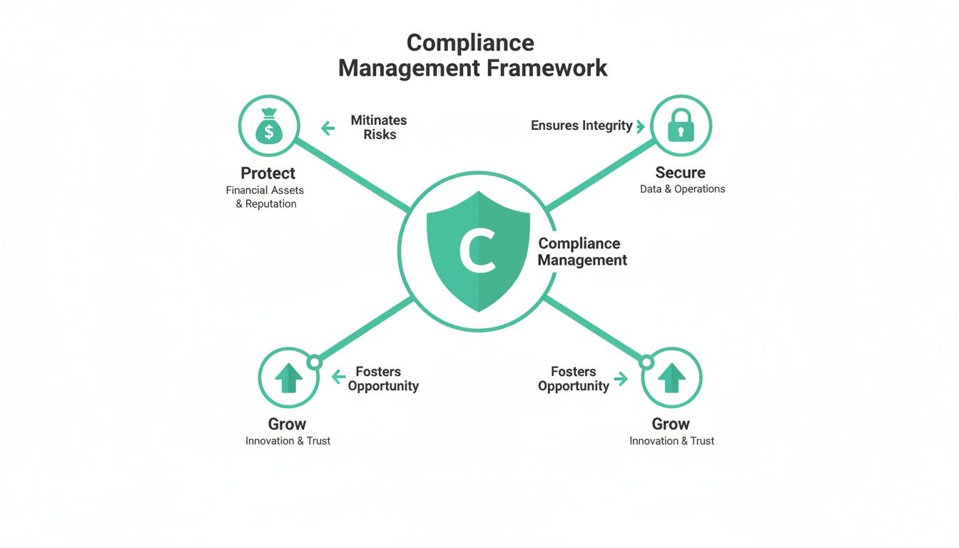 A diagram illustrating a compliance management framework, detailing its core aspects: Protect, Secure, and Grow.