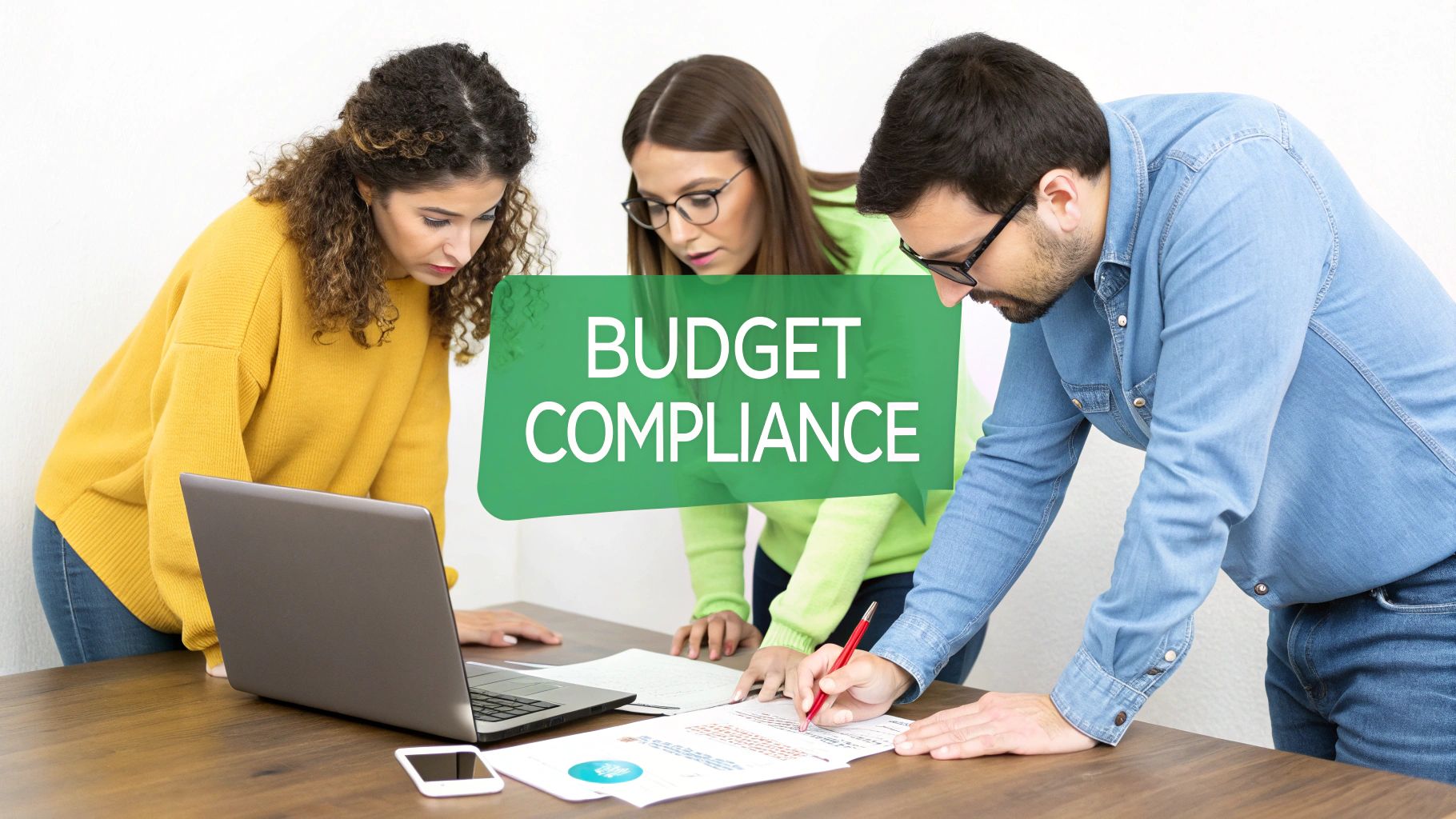Three colleagues collaborate on budget compliance, reviewing documents and a laptop on a wooden desk.