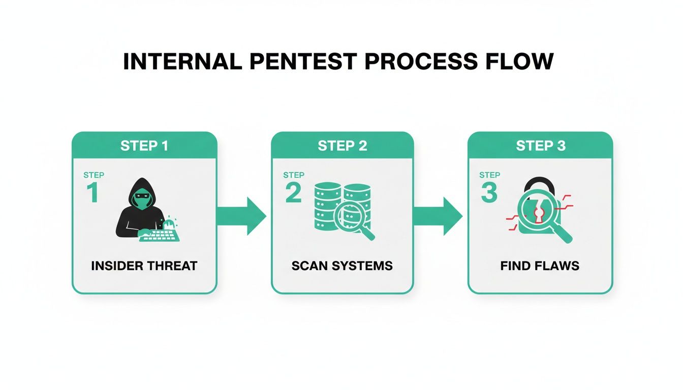 A flow diagram detailing the internal penetration test process, covering insider threats, system scanning, and flaw identification.