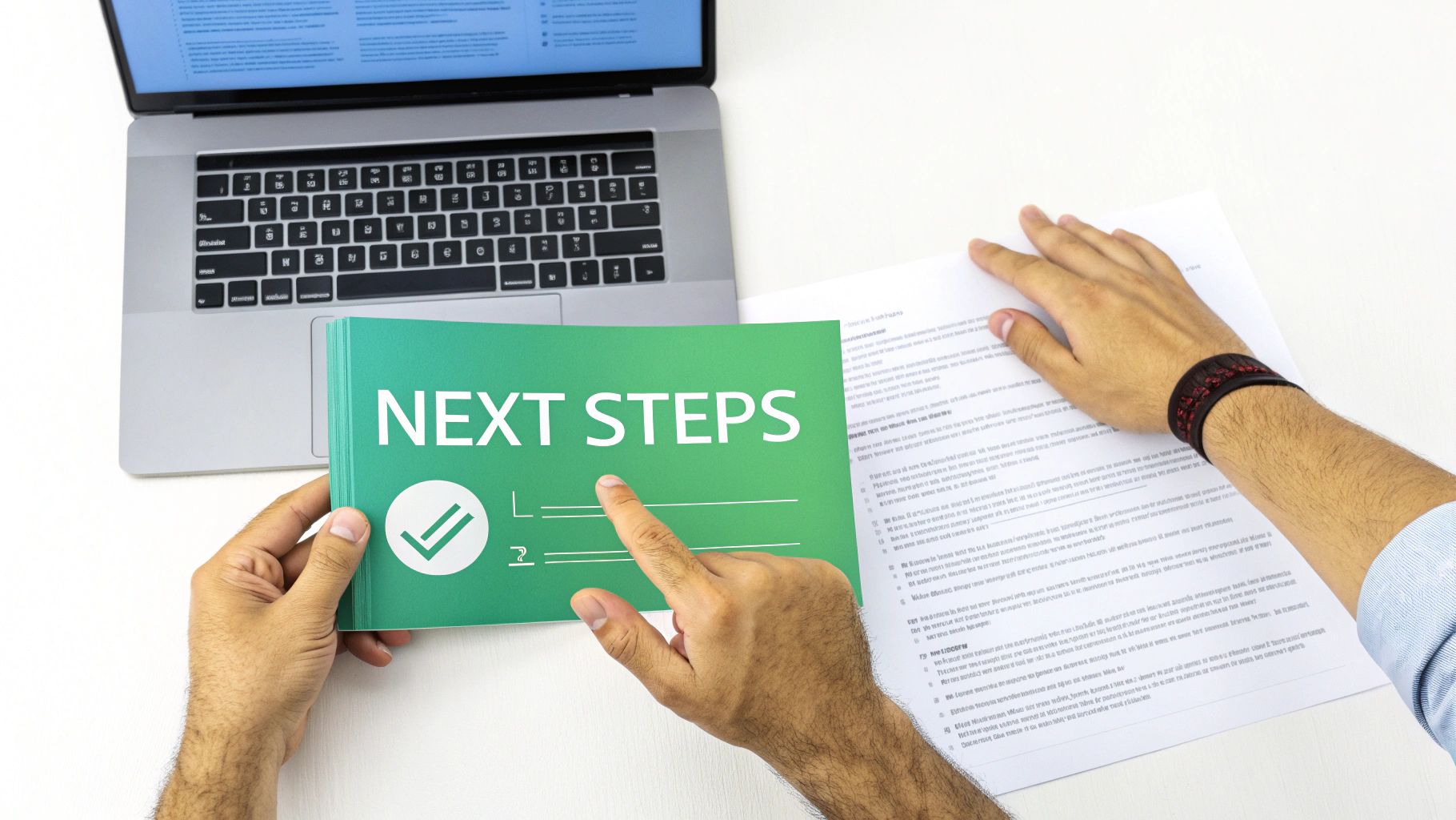 Overhead shot of hands holding a green 'NEXT STEPS' booklet near a laptop and documents on a white desk.