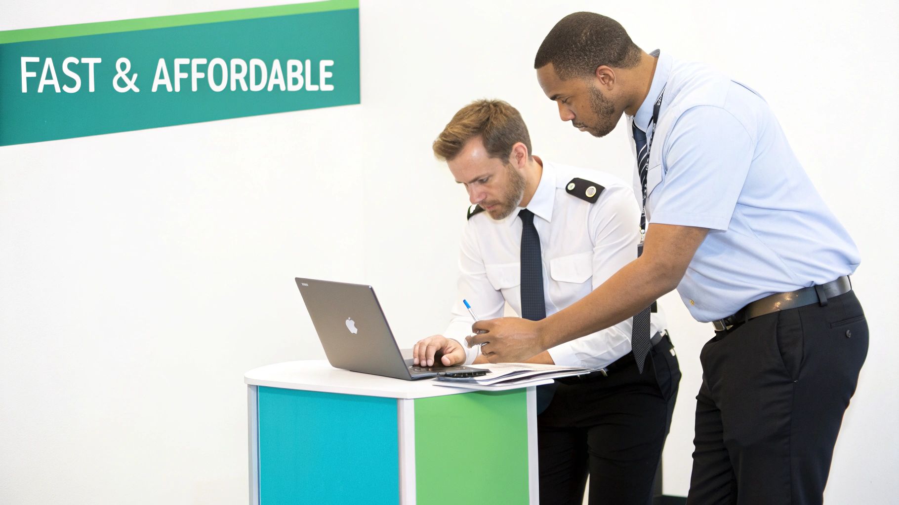 Two uniformed professionals collaborating on a laptop at a white booth with a promotional sign.