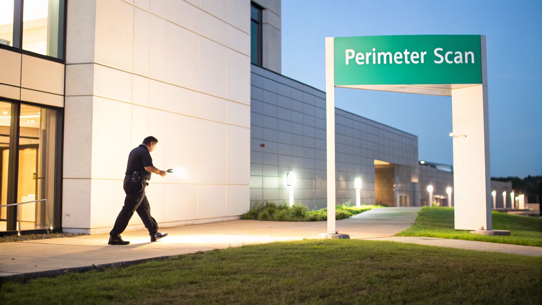 A security guard patrols the perimeter of a modern building at night, holding a flashlight under a 'Perimeter Scan' sign.