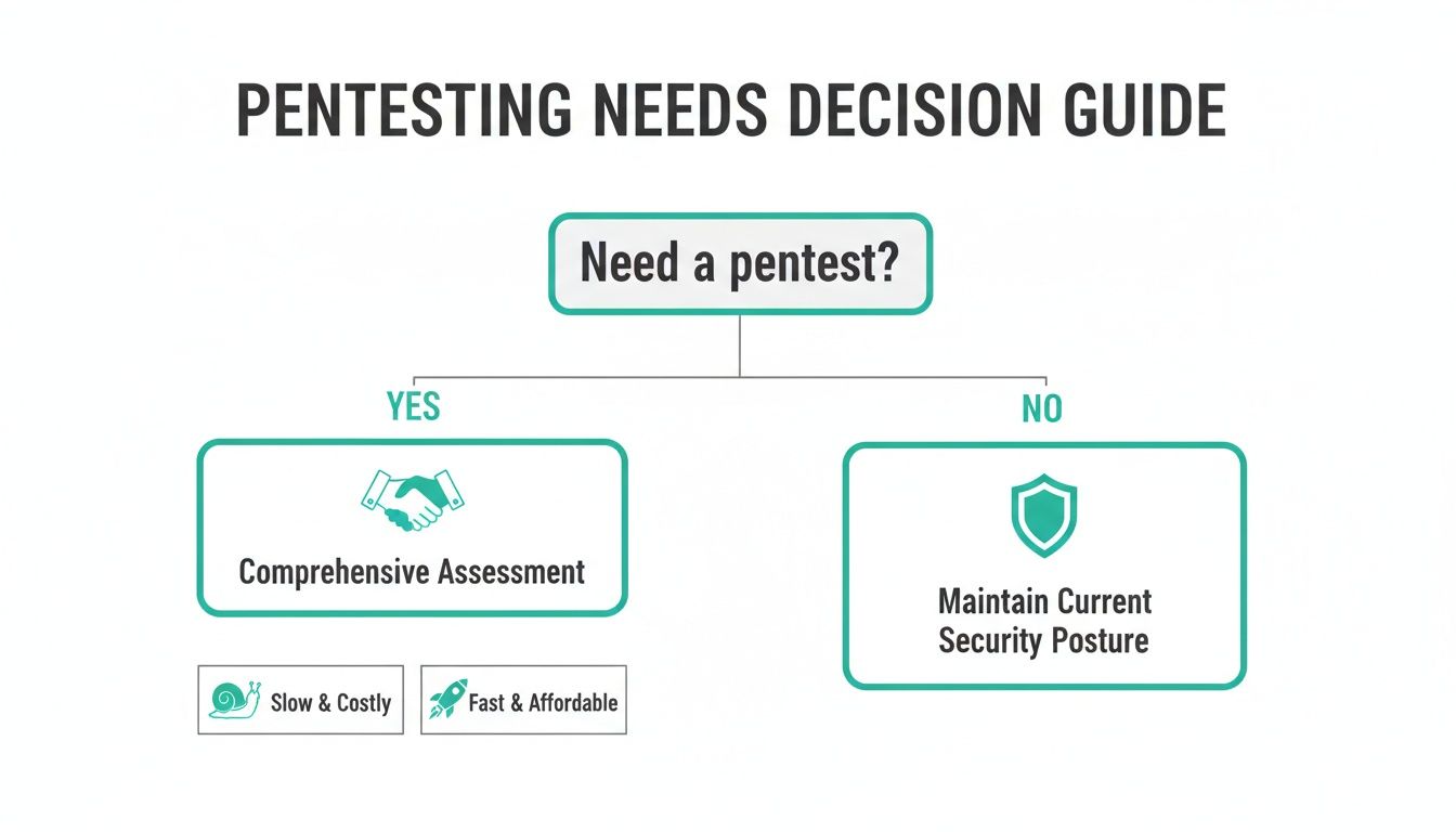 Flowchart for pentesting needs, asking 'Need a pentest?'. Yes: Comprehensive Assessment (Slow/Costly, Fast/Affordable). No: Maintain Security.