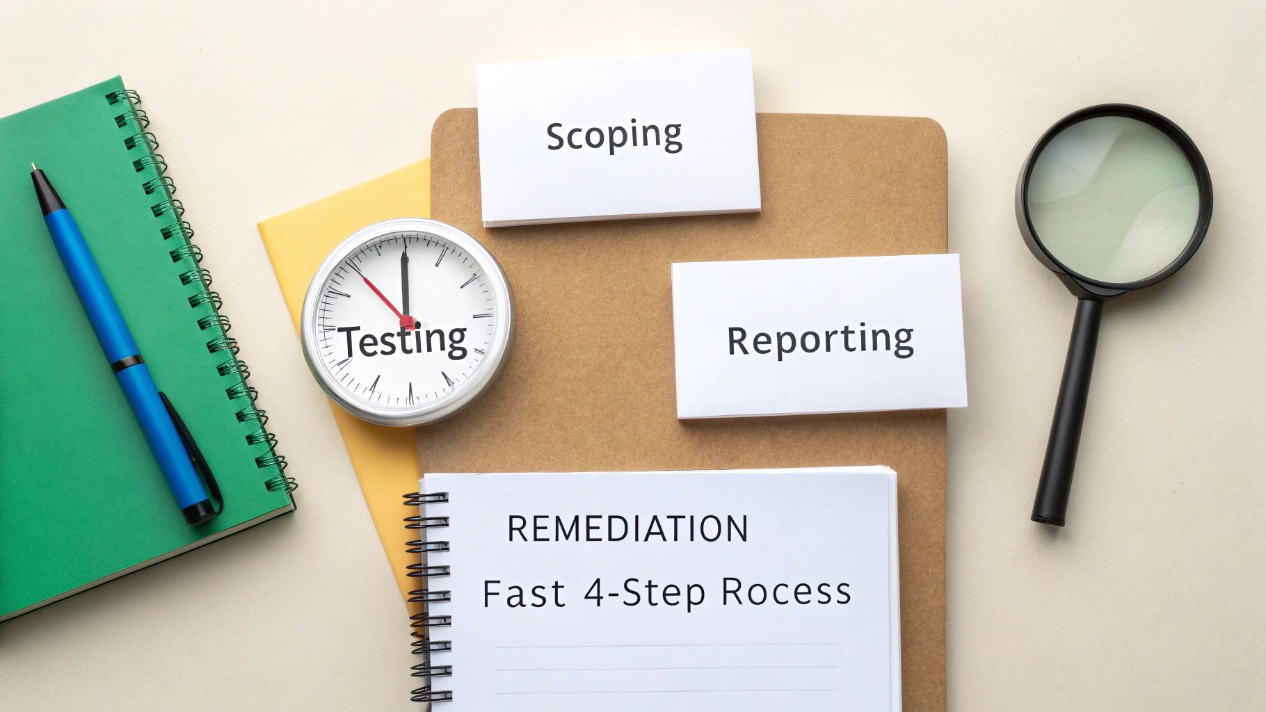 Flat lay of project management steps: scoping, testing, reporting, and remediation with a clock and magnifying glass.