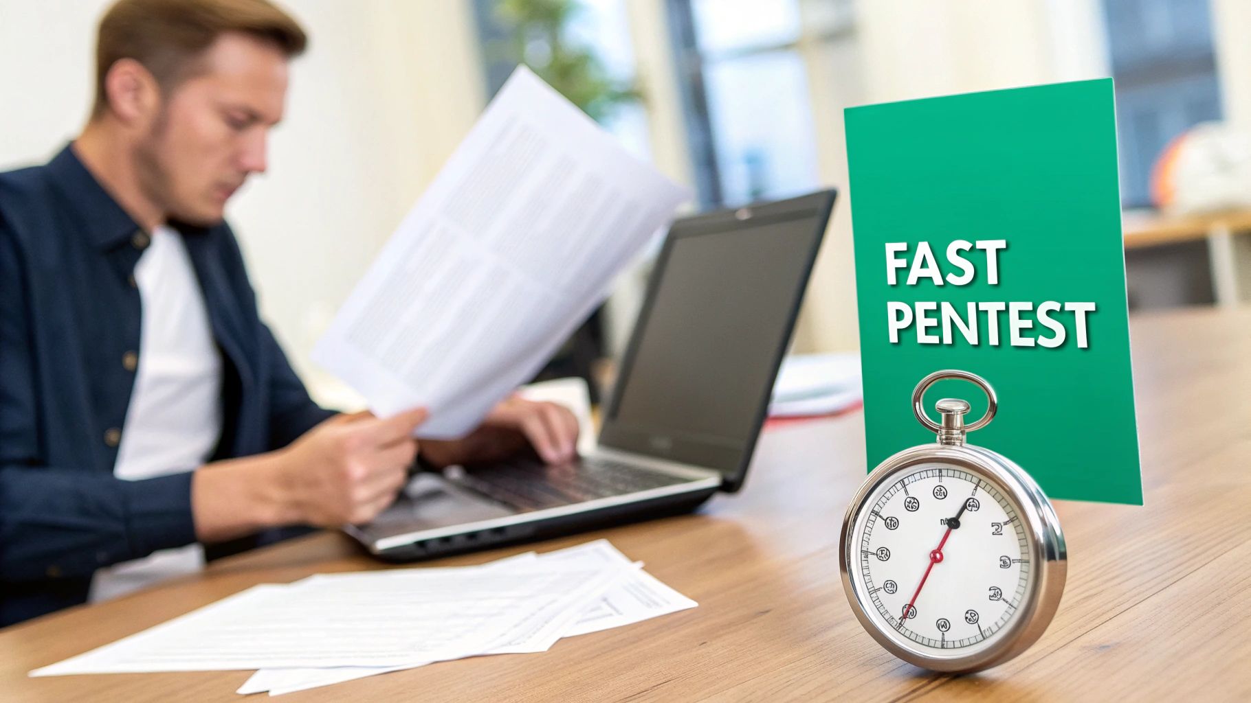 A man working on a laptop and reviewing documents, with a 'FAST PENTEST' sign and stopwatch on a desk.
