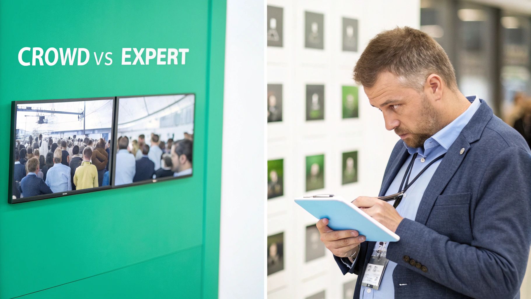 A man in a blue suit writing on a clipboard, contrasted with screens displaying a crowd, illustrating 'CROWD vs EXPERT'.